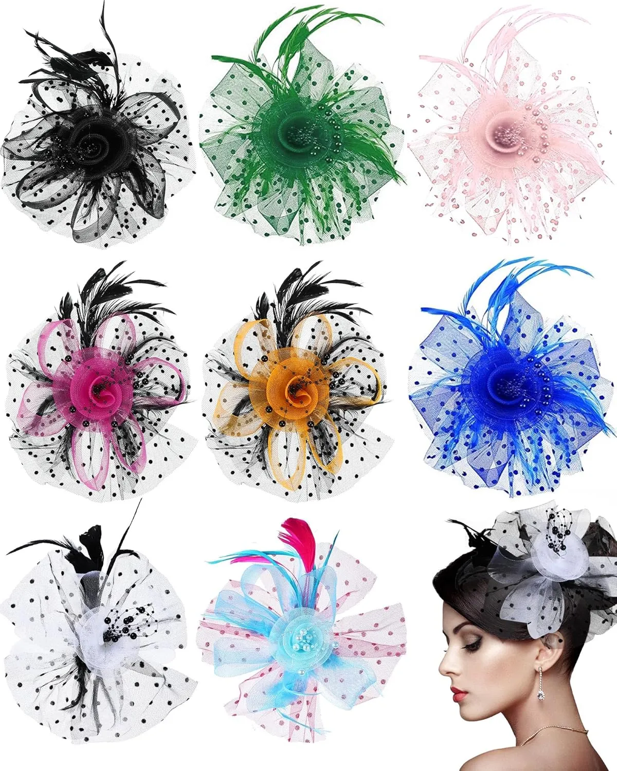 Patelai 8 Pieces Fascinators Hats for Tea Party Women Girls Flower Feathers Mesh Hat for Cocktail Party Church Wedding