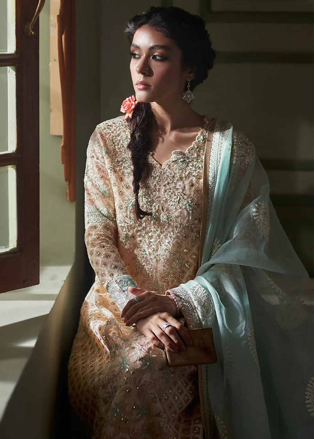 Peach Organza Net Pakistani Suit | Mushq | Qala Kamdaani | Amira