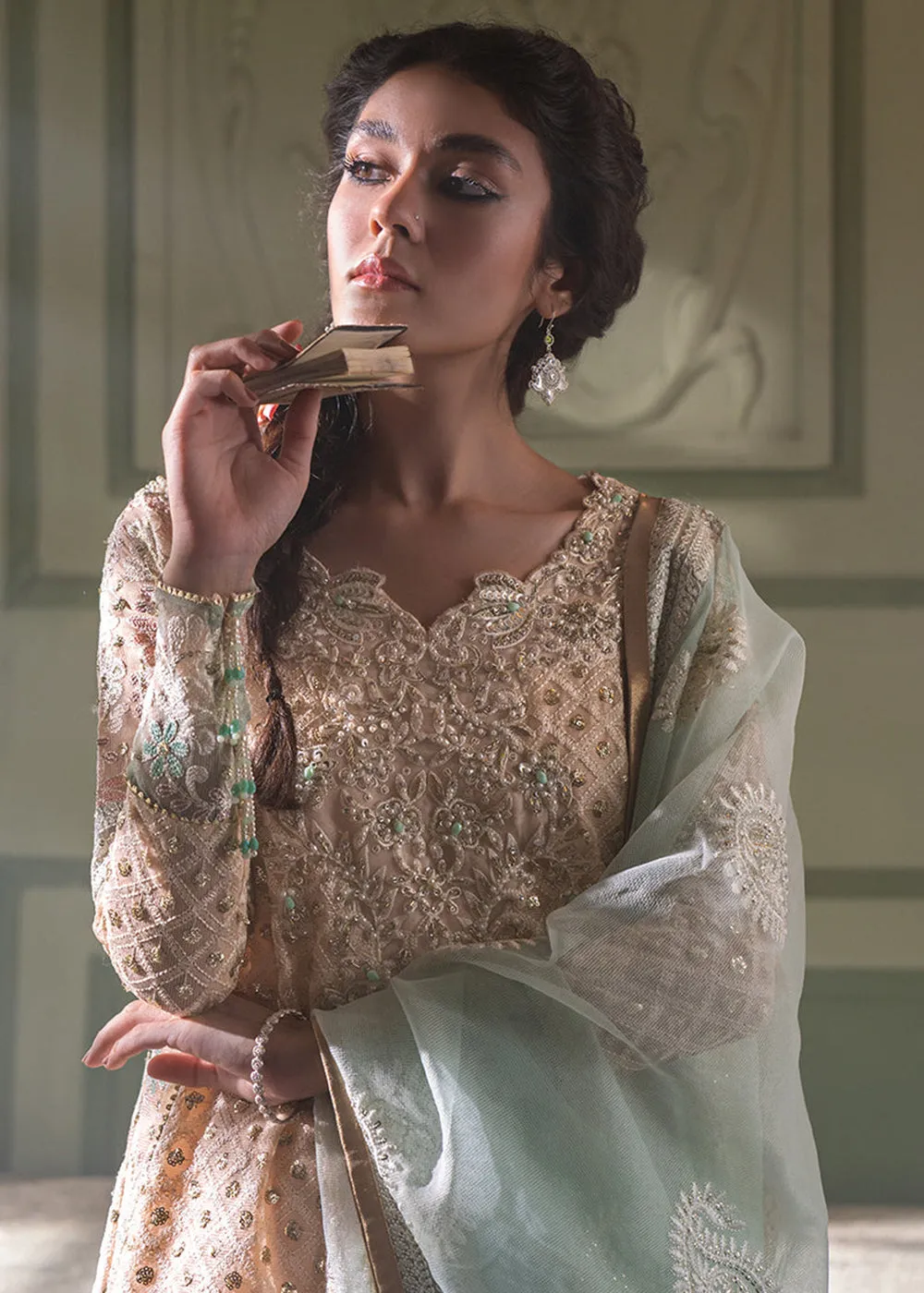 Peach Organza Net Pakistani Suit | Mushq | Qala Kamdaani | Amira
