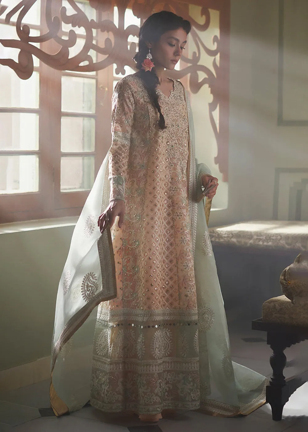 Peach Organza Net Pakistani Suit | Mushq | Qala Kamdaani | Amira