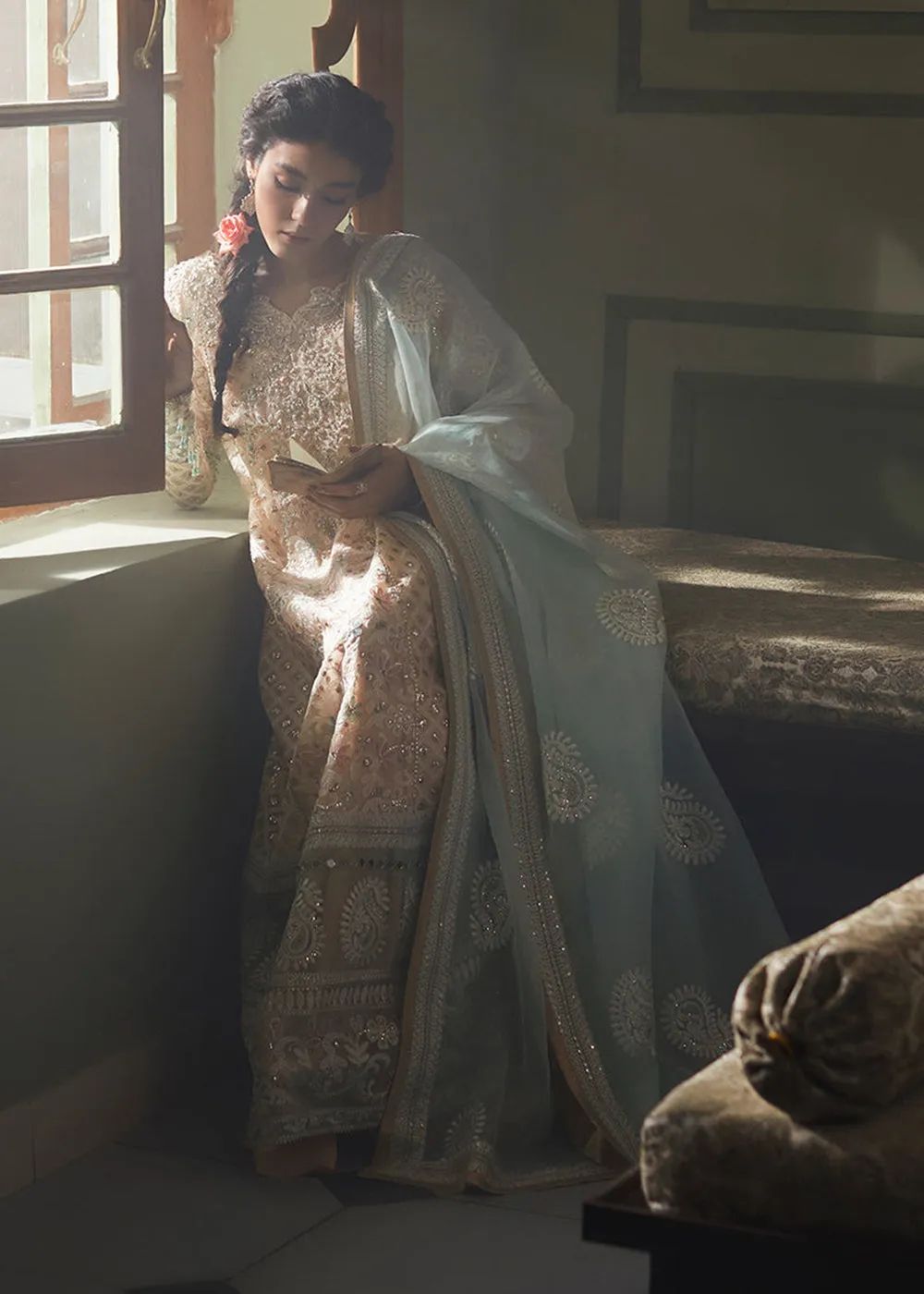 Peach Organza Net Pakistani Suit | Mushq | Qala Kamdaani | Amira