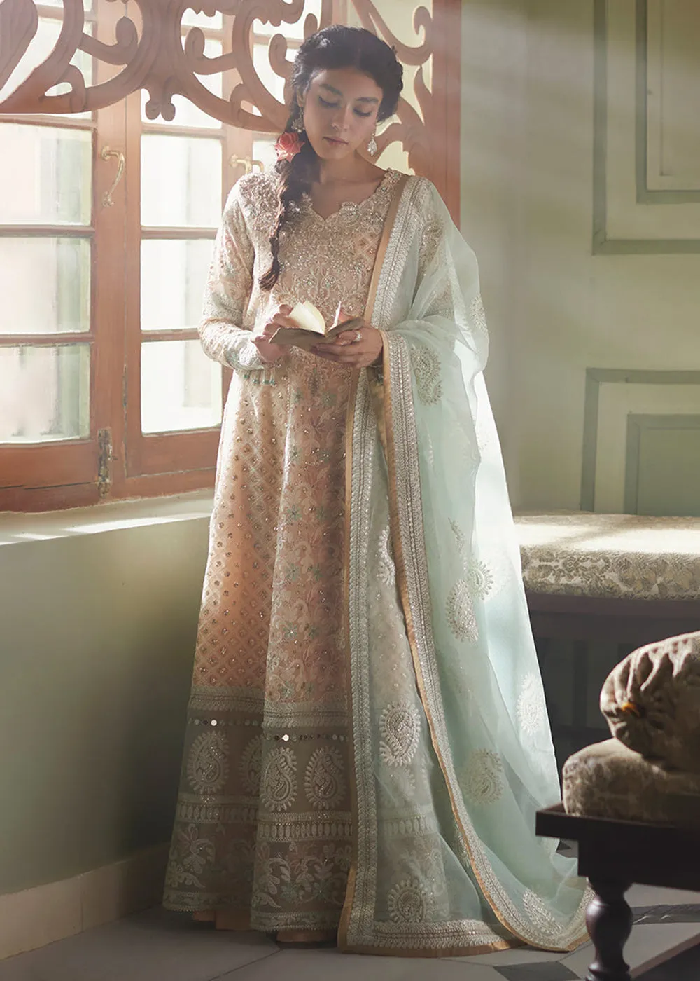 Peach Organza Net Pakistani Suit | Mushq | Qala Kamdaani | Amira