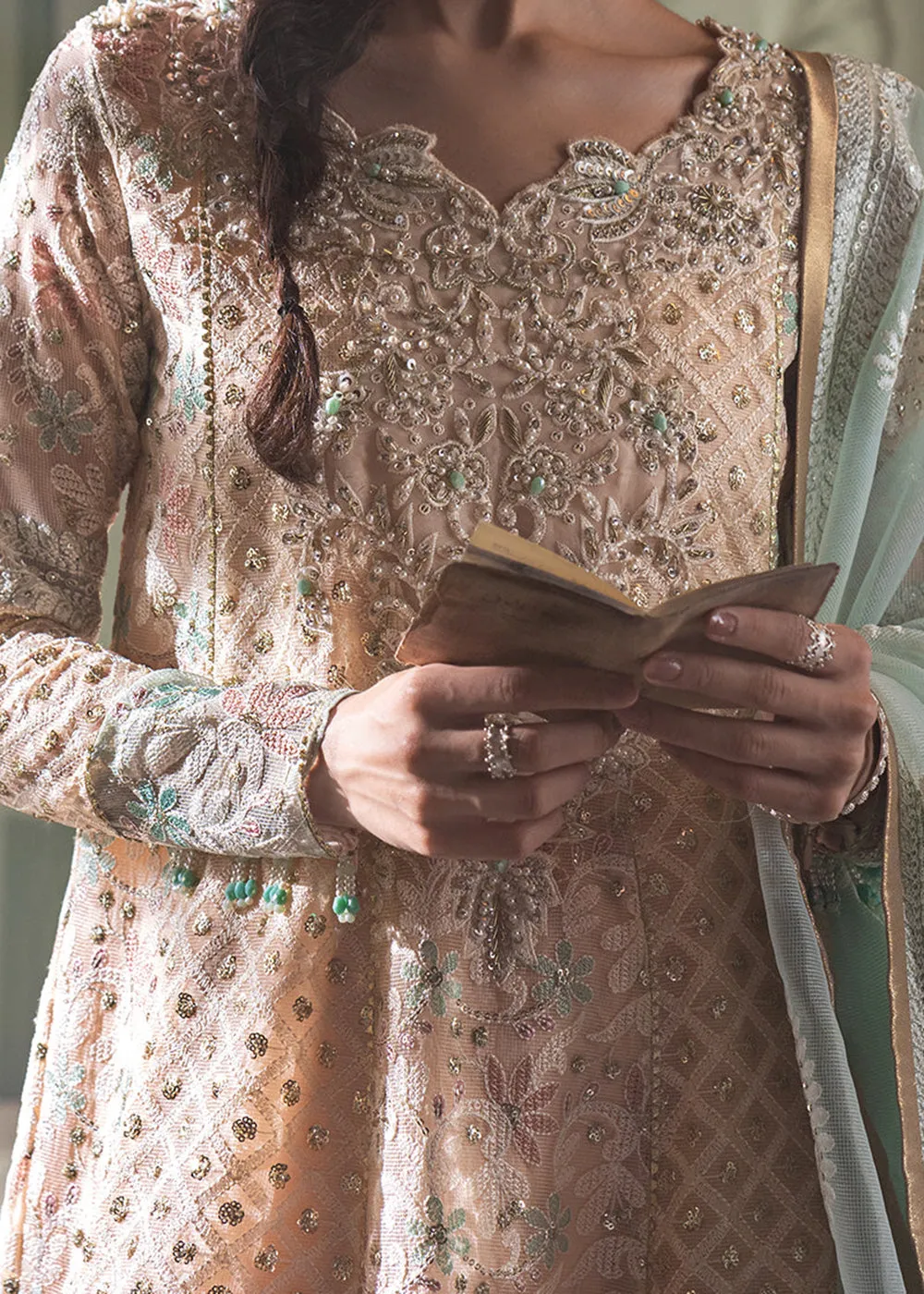 Peach Organza Net Pakistani Suit | Mushq | Qala Kamdaani | Amira