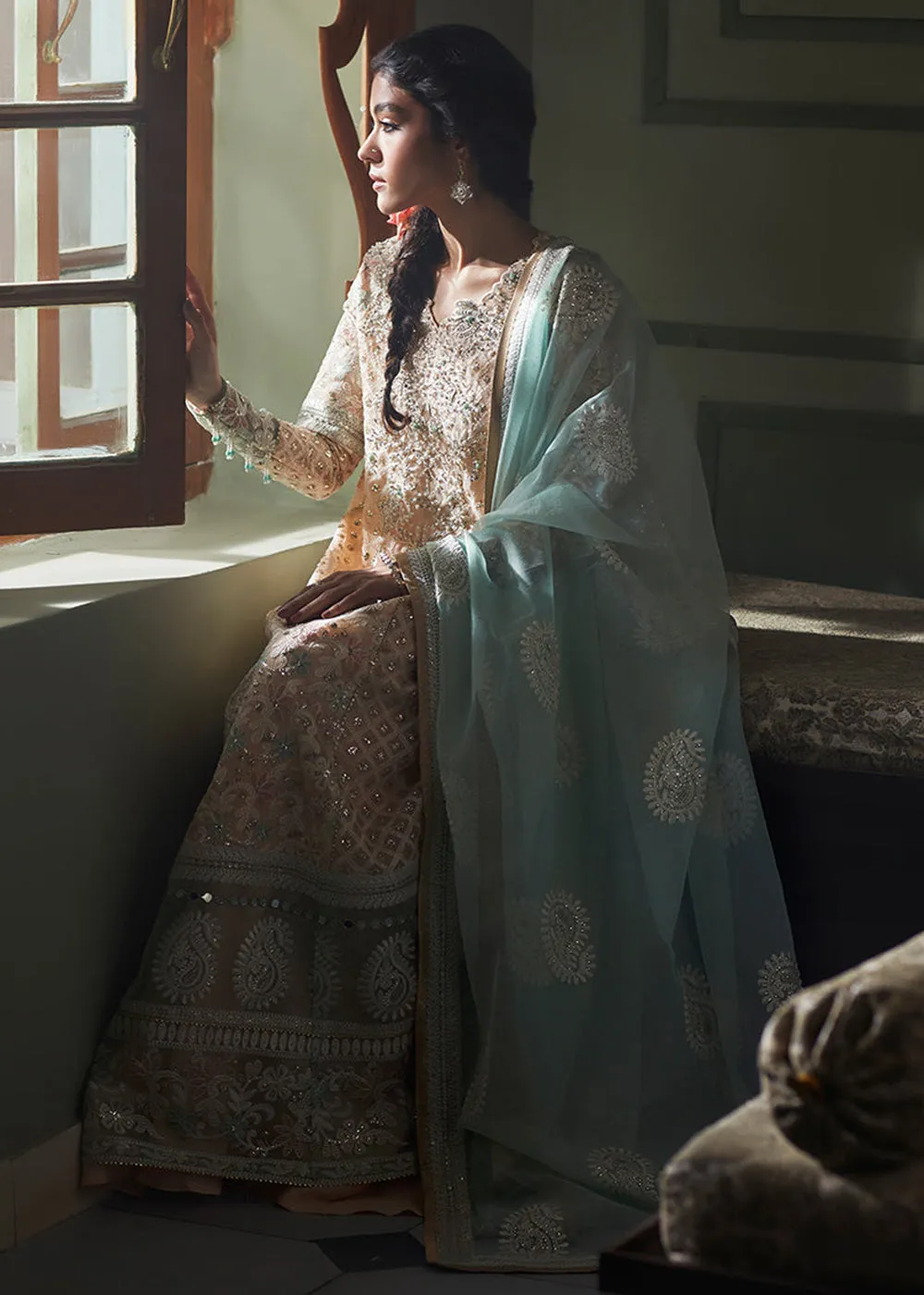 Peach Organza Net Pakistani Suit | Mushq | Qala Kamdaani | Amira