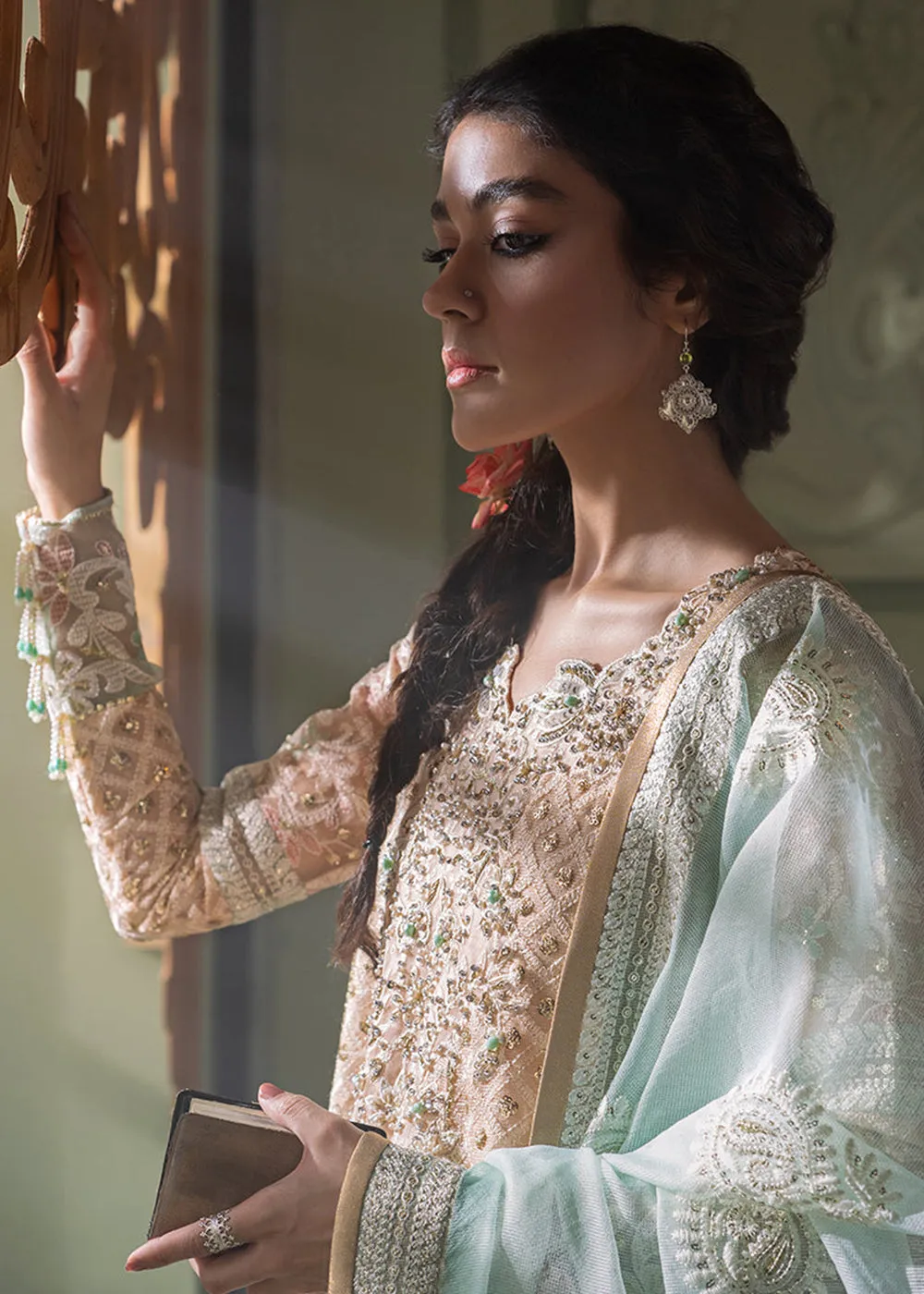 Peach Organza Net Pakistani Suit | Mushq | Qala Kamdaani | Amira
