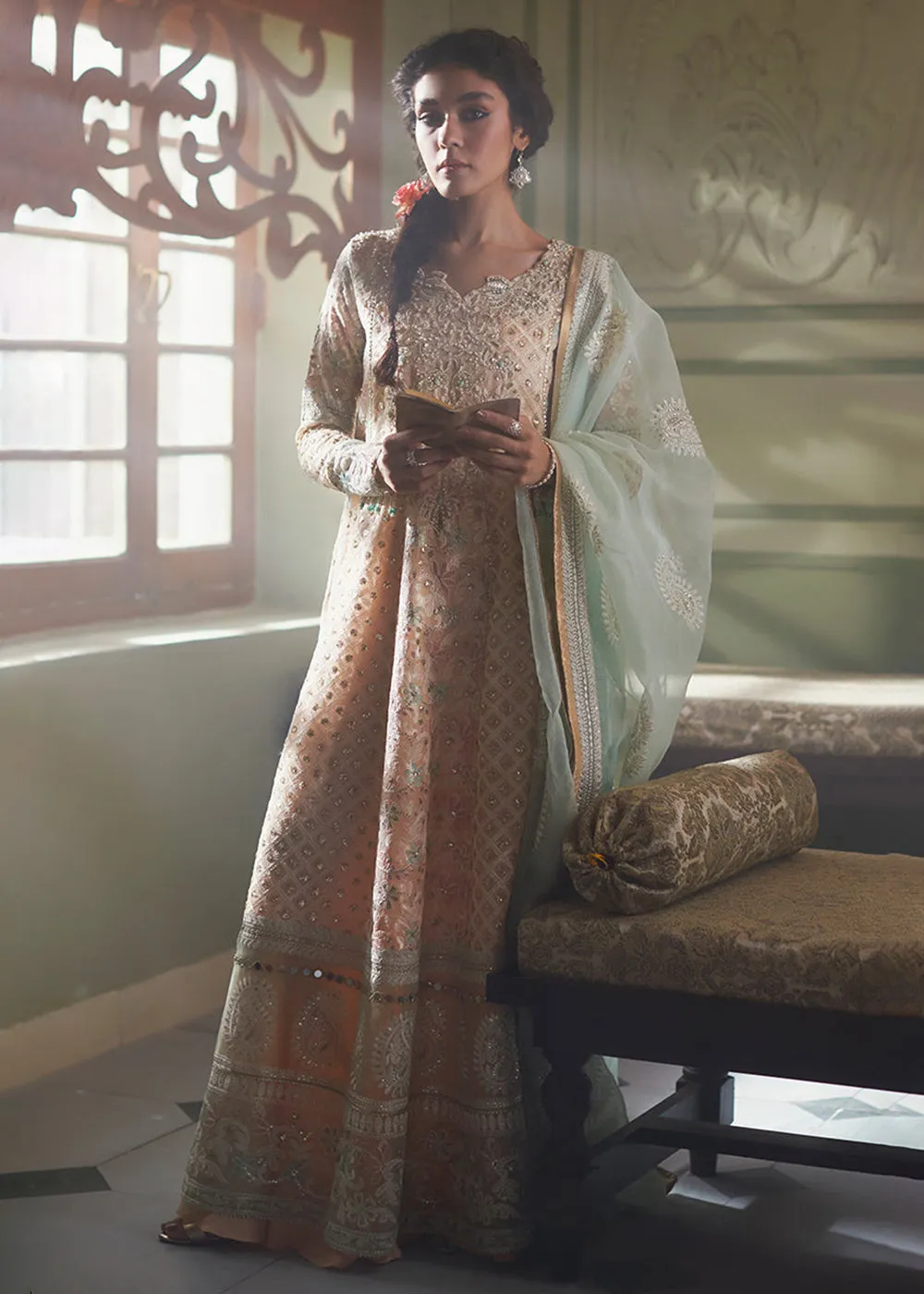 Peach Organza Net Pakistani Suit | Mushq | Qala Kamdaani | Amira
