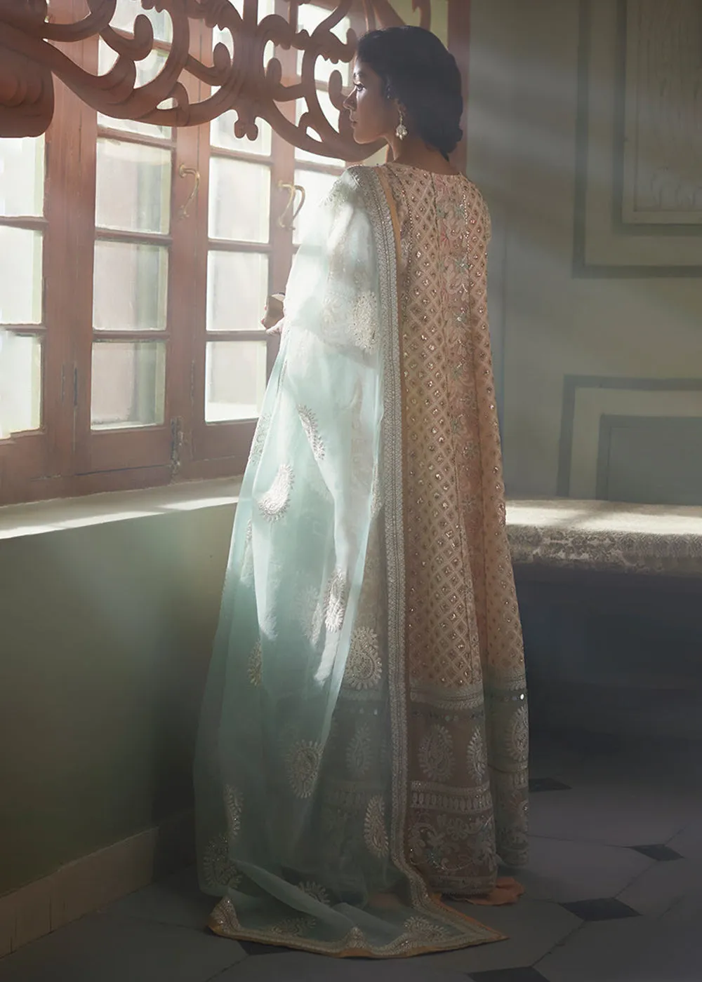 Peach Organza Net Pakistani Suit | Mushq | Qala Kamdaani | Amira