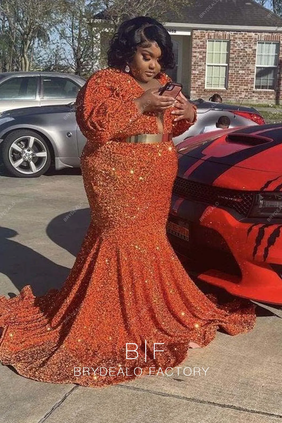 Plus Size Orange Sequins Plunging Neck Trumpet Prom Dress