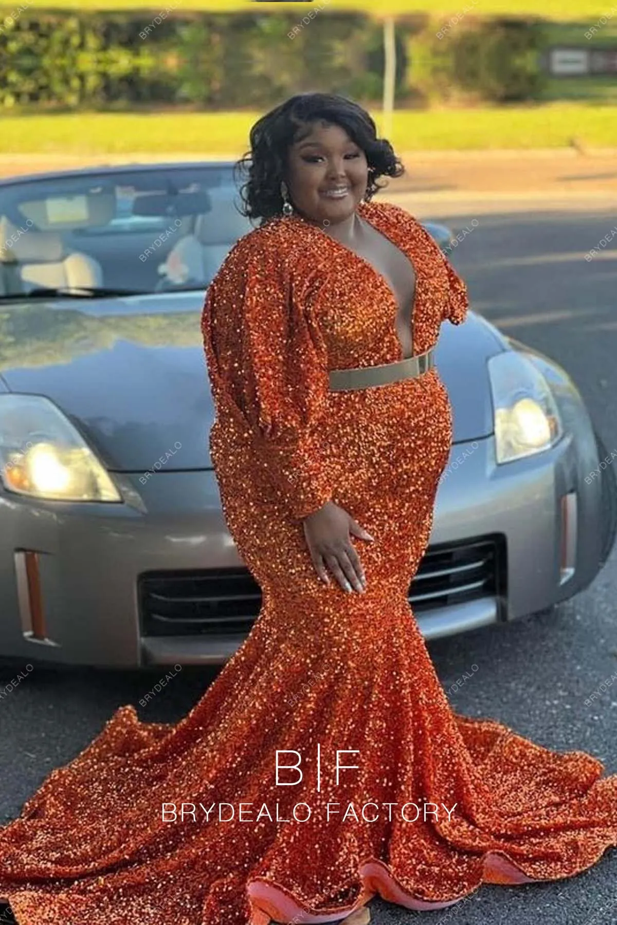 Plus Size Orange Sequins Plunging Neck Trumpet Prom Dress