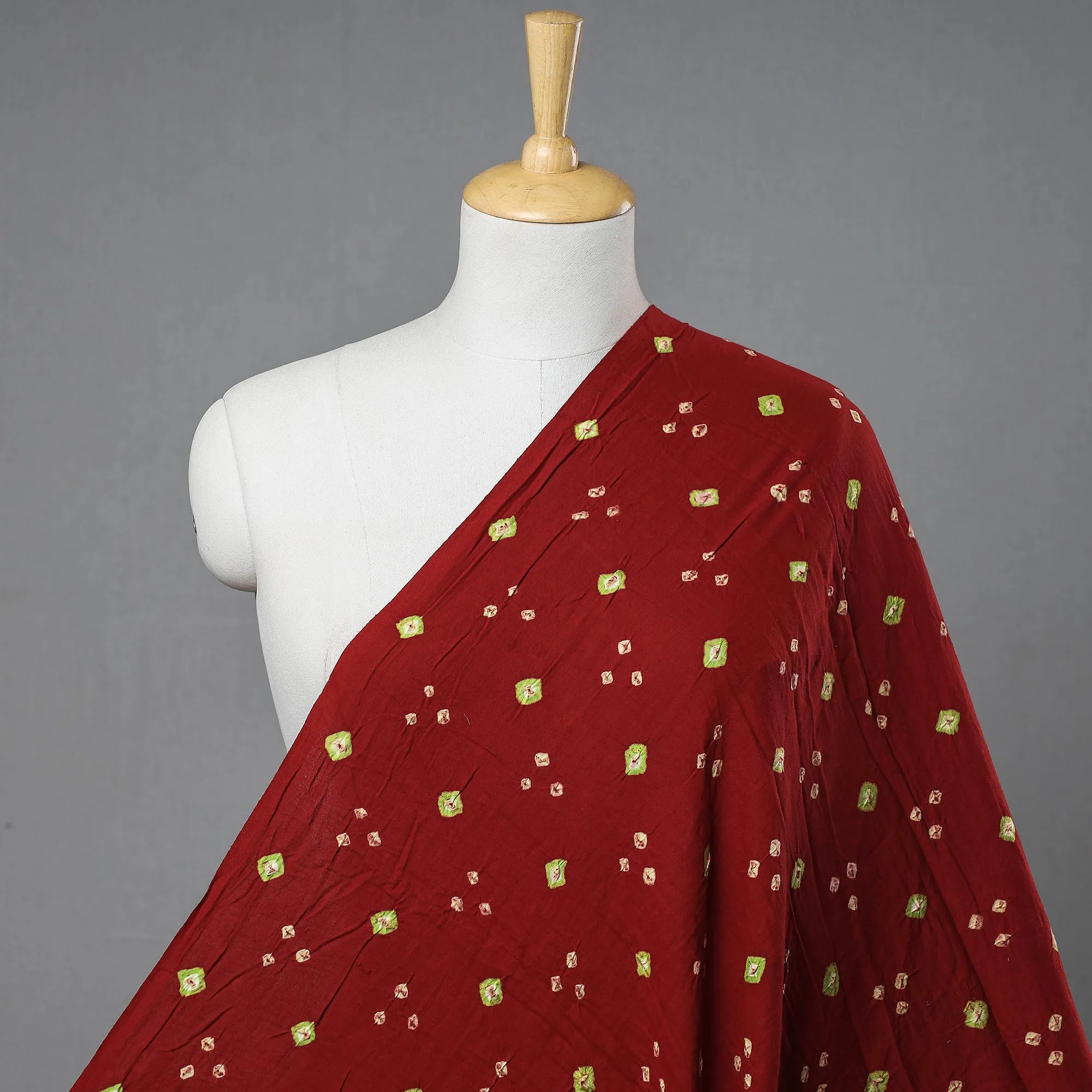 Red & Green Butti Kutch Bandhani Tie-Dye Mul Cotton Fabric