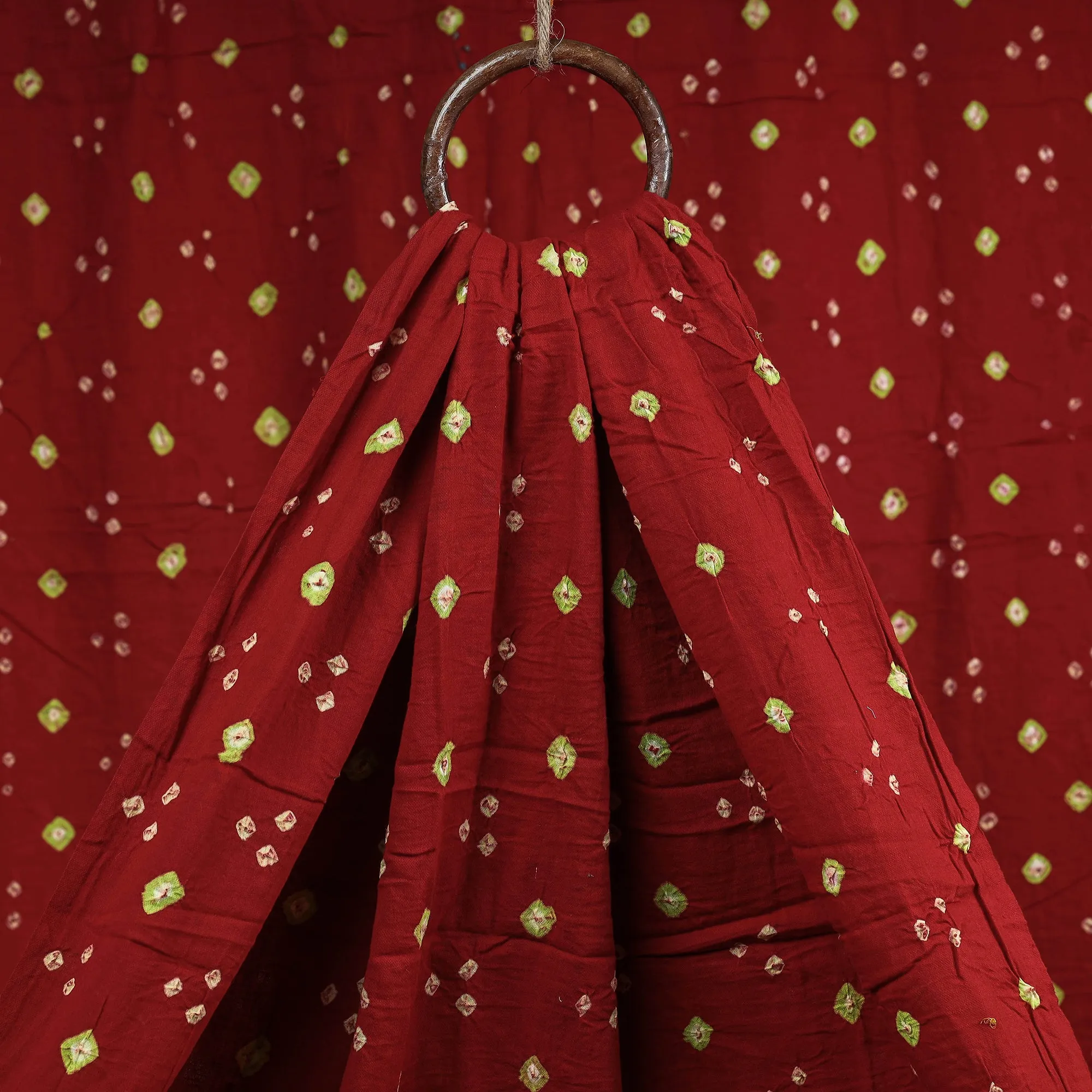 Red & Green Butti Kutch Bandhani Tie-Dye Mul Cotton Fabric