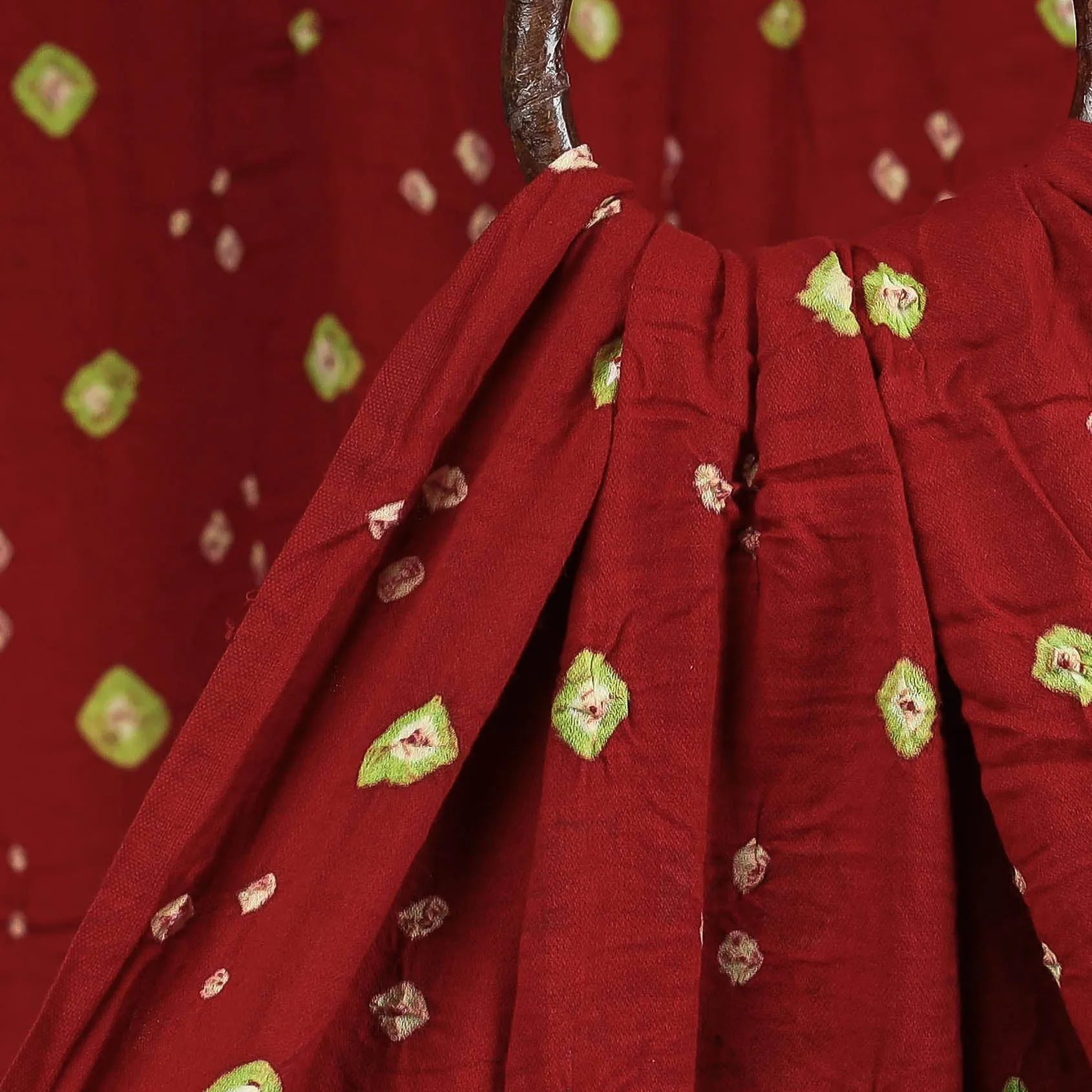 Red & Green Butti Kutch Bandhani Tie-Dye Mul Cotton Fabric