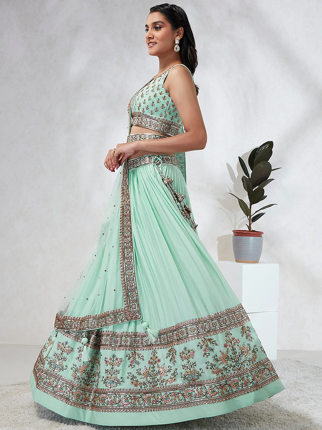 Shimmering Sea Green Lehenga Choli Set: Sequins & Thread Embroidery