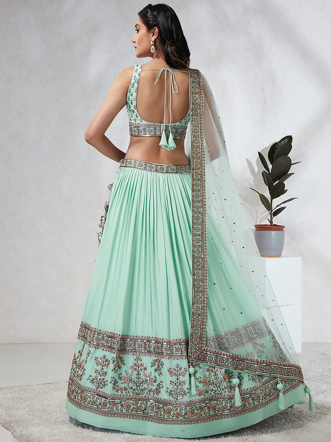 Shimmering Sea Green Lehenga Choli Set: Sequins & Thread Embroidery