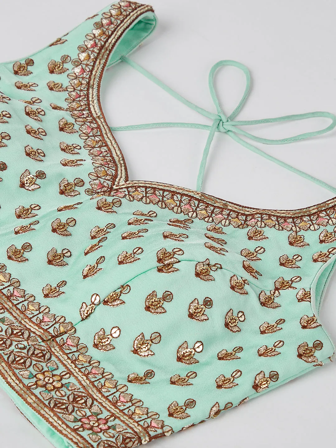 Shimmering Sea Green Lehenga Choli Set: Sequins & Thread Embroidery