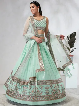 Shimmering Sea Green Lehenga Choli Set: Sequins & Thread Embroidery
