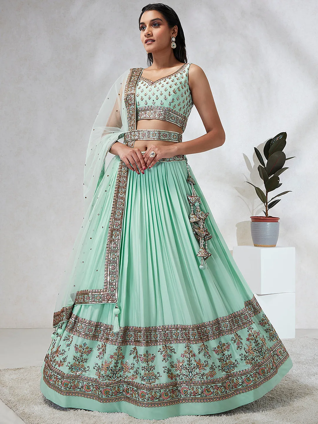 Shimmering Sea Green Lehenga Choli Set: Sequins & Thread Embroidery
