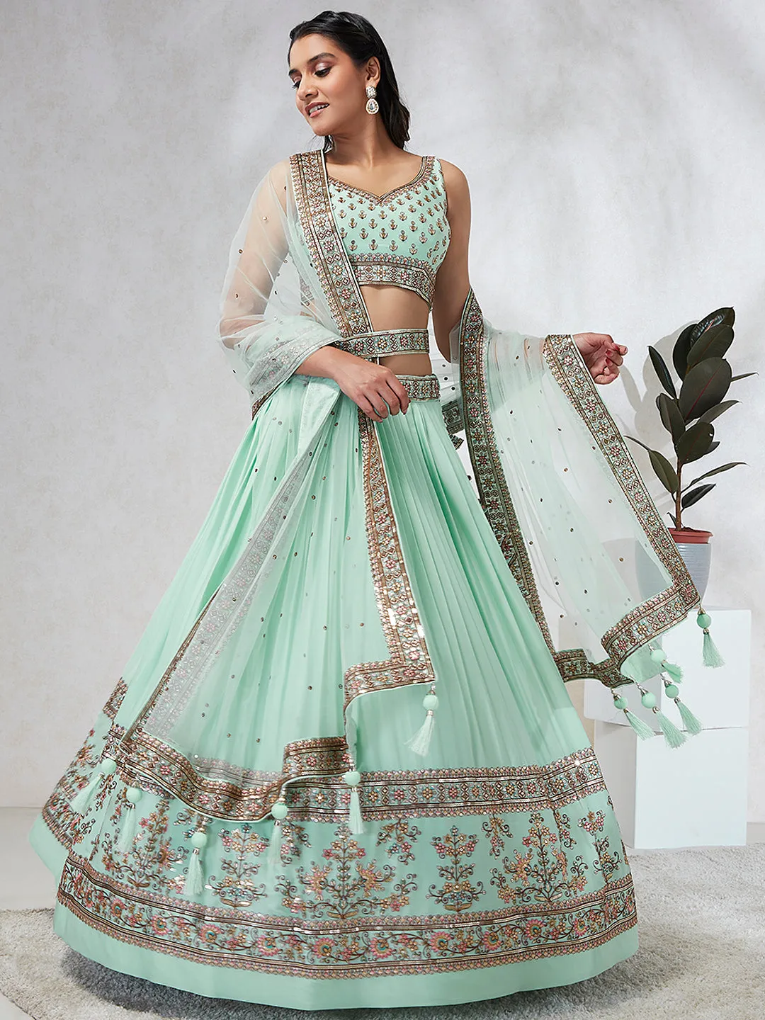 Shimmering Sea Green Lehenga Choli Set: Sequins & Thread Embroidery