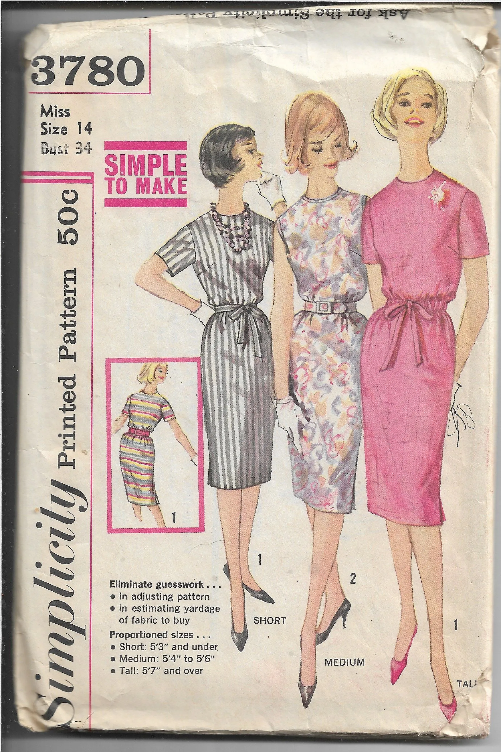 Simplicity 3780 Vintage Sewing Pattern 1960s Ladies Slim Dress