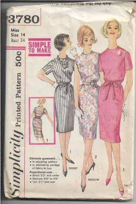 Simplicity 3780 Vintage Sewing Pattern 1960s Ladies Slim Dress