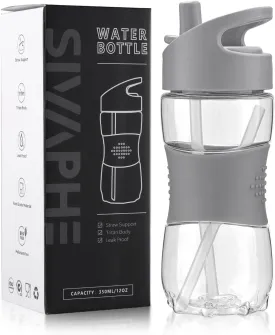 Sivaphe Clear Water Bottle with Straw 12 oz Portable Tritan Transparent Sports Drinking Bottle for School Girls Boys Grey