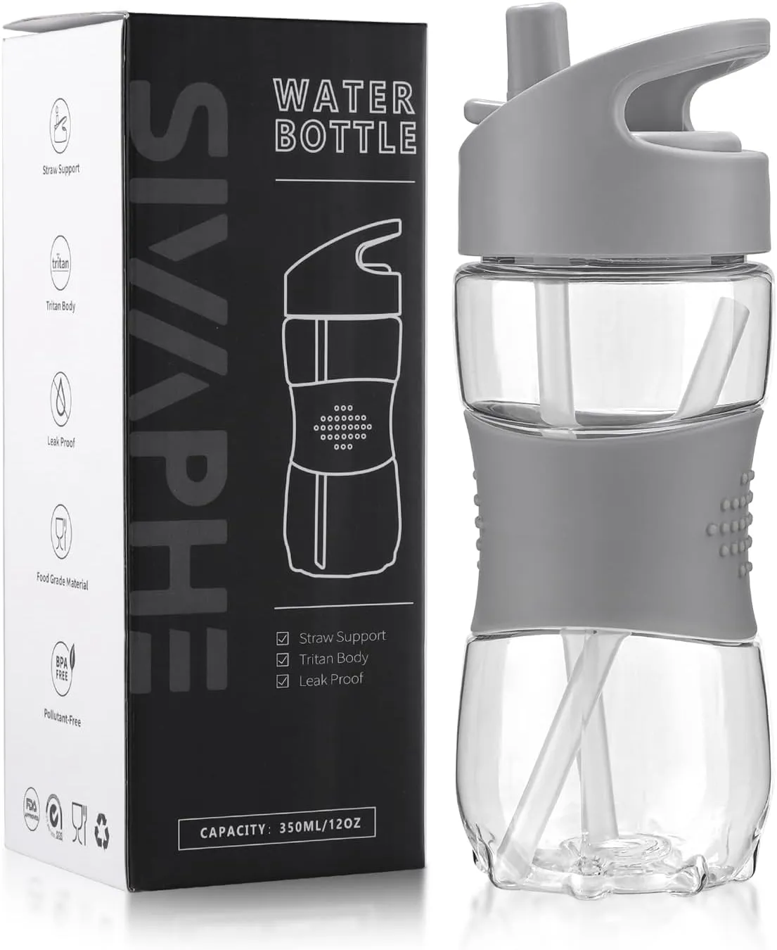 Sivaphe Clear Water Bottle with Straw 12 oz Portable Tritan Transparent Sports Drinking Bottle for School Girls Boys Grey
