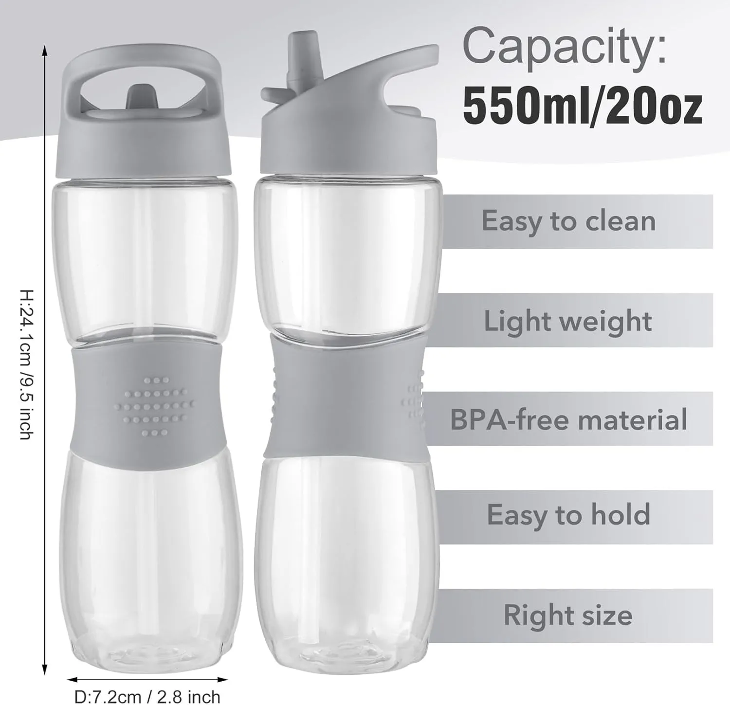 Sivaphe Clear Water Bottle with Straw 12 oz Portable Tritan Transparent Sports Drinking Bottle for School Girls Boys Grey