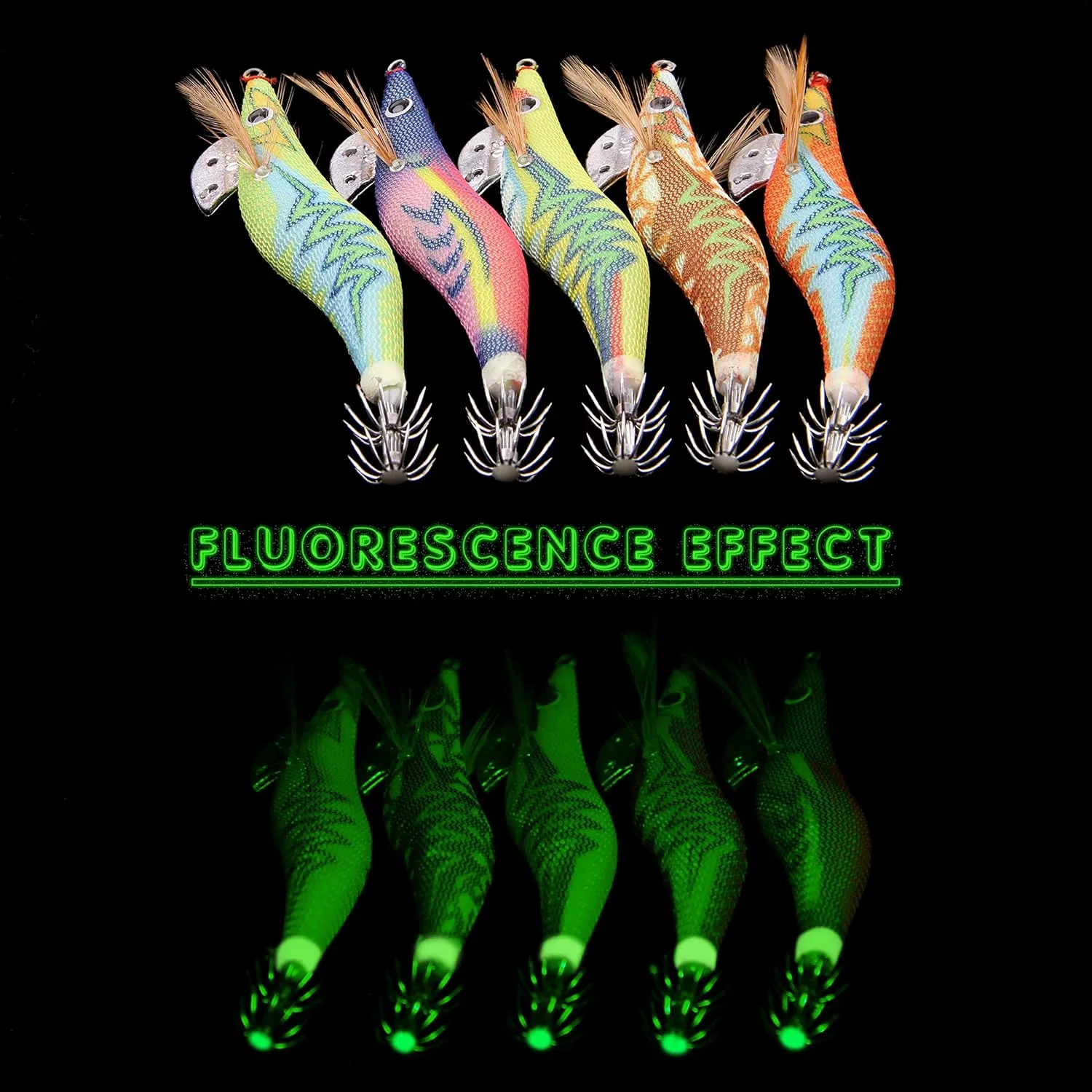 Squid Jig Saltwater Glow Squid Lures, 5/10pcs Luminous Shrimp Prawn Lures Atrificial 3D Fluorescent Squid Jigs Cuttlefish Sleeve Octopus Jig Tackle Size 2.5 3