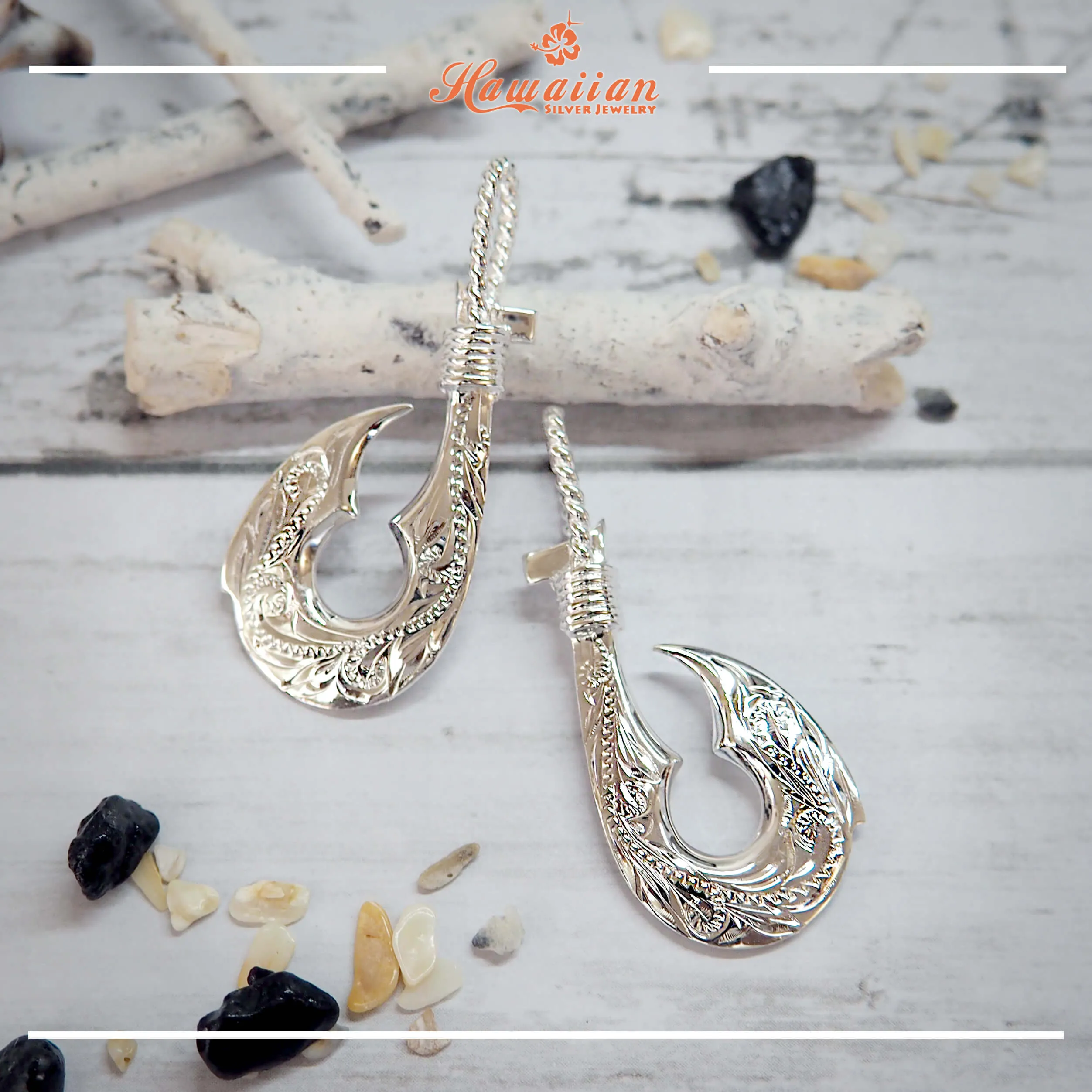 Sterling Silver Hand Engraved Reversible Hawaiian Fish Hook Pendant