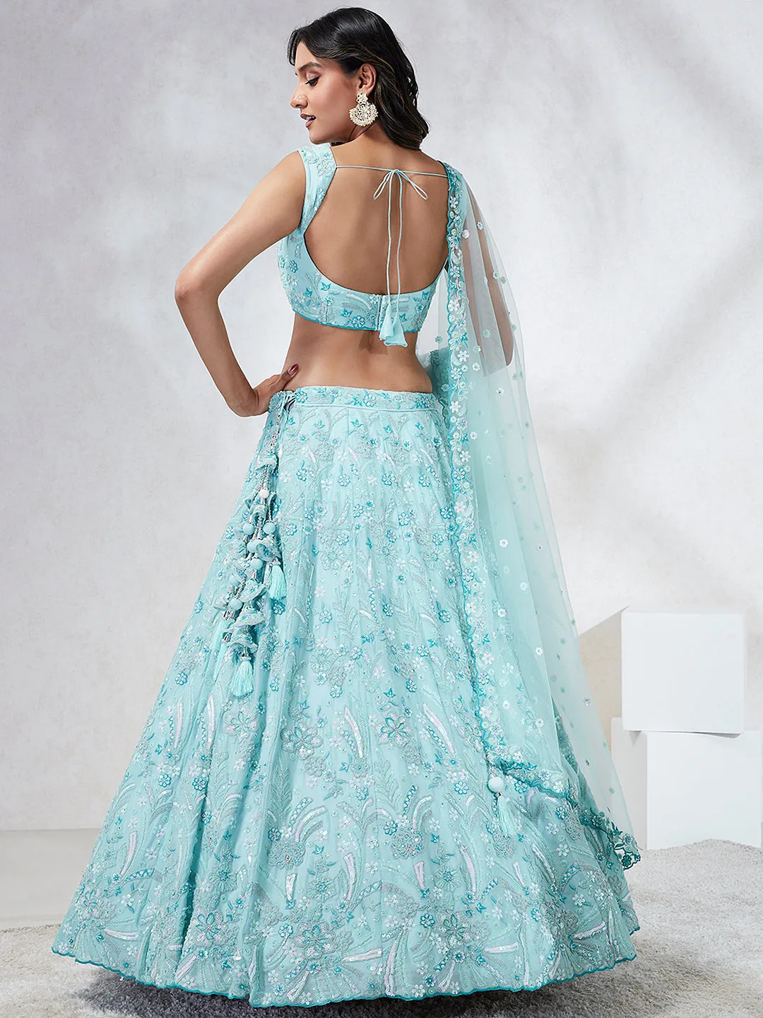 Stunning Turquoise Blue Sequin Embroidered Lehenga Choli Set