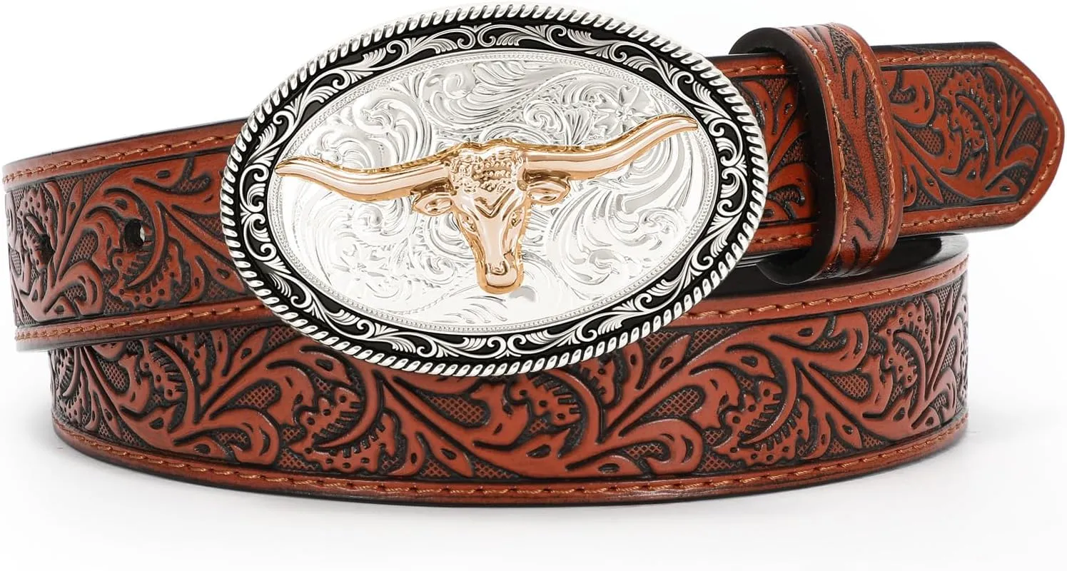 SUOSDEY Kids Western Belt for Boys Girls,Toddler Youth Cowboy Cowgirl Genuine Leather Belt with Longhorn Bull Buckle