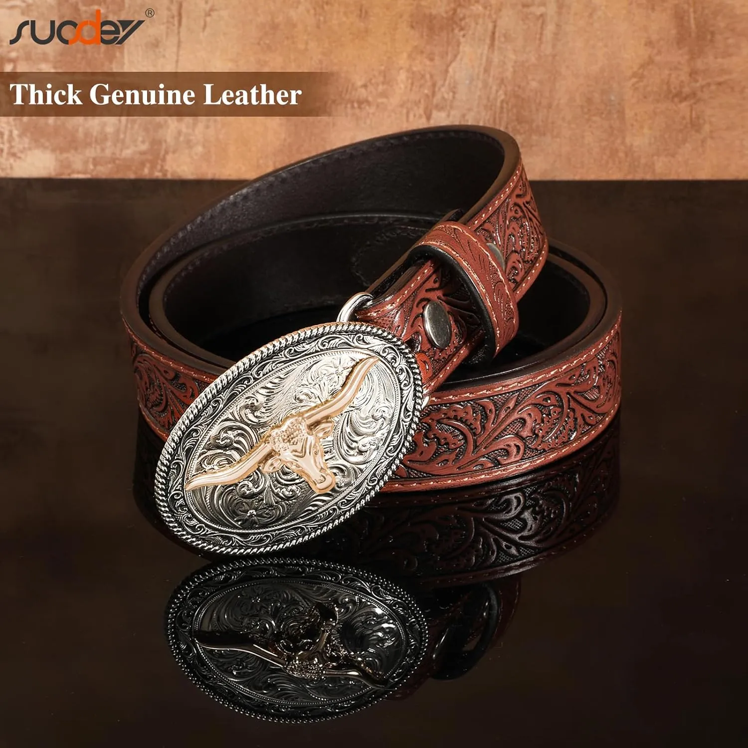 SUOSDEY Kids Western Belt for Boys Girls,Toddler Youth Cowboy Cowgirl Genuine Leather Belt with Longhorn Bull Buckle