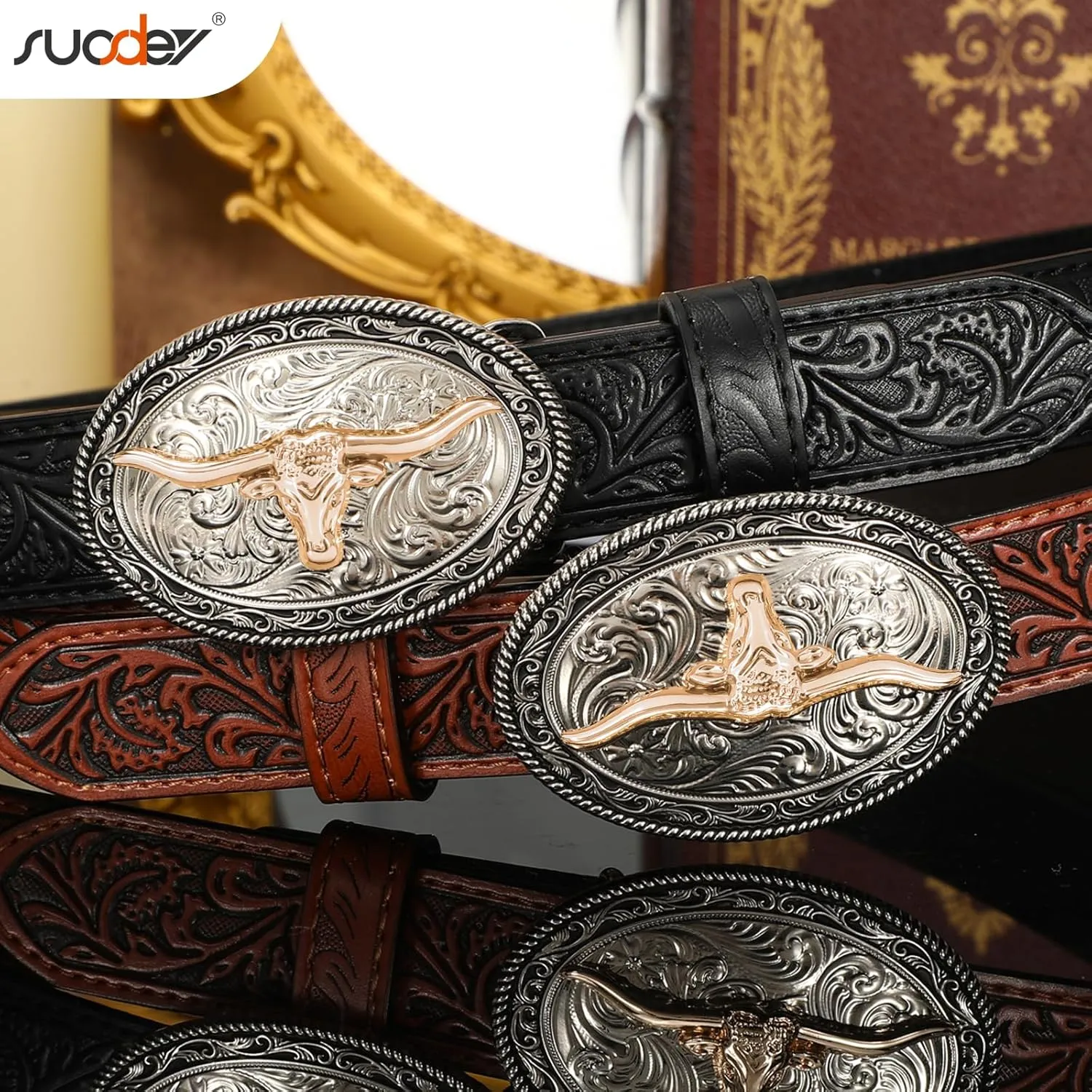 SUOSDEY Kids Western Belt for Boys Girls,Toddler Youth Cowboy Cowgirl Genuine Leather Belt with Longhorn Bull Buckle