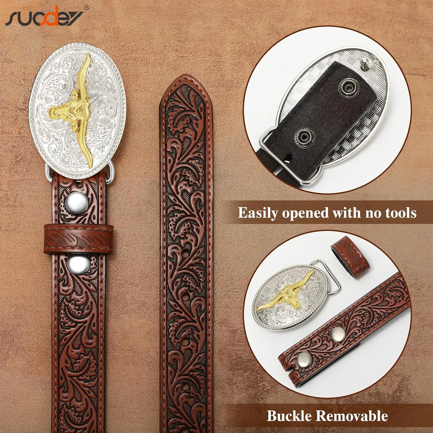 SUOSDEY Kids Western Belt for Boys Girls,Toddler Youth Cowboy Cowgirl Genuine Leather Belt with Longhorn Bull Buckle