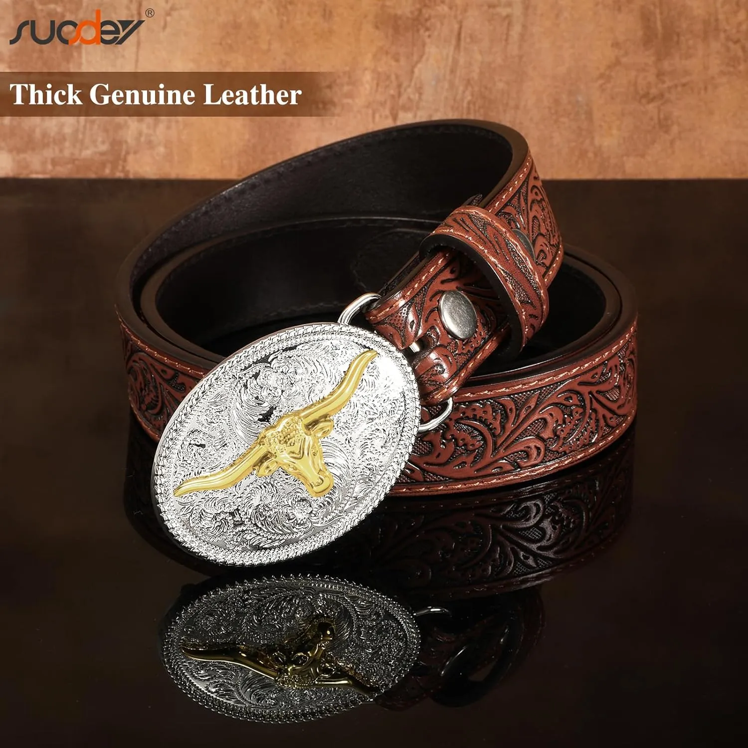 SUOSDEY Kids Western Belt for Boys Girls,Toddler Youth Cowboy Cowgirl Genuine Leather Belt with Longhorn Bull Buckle