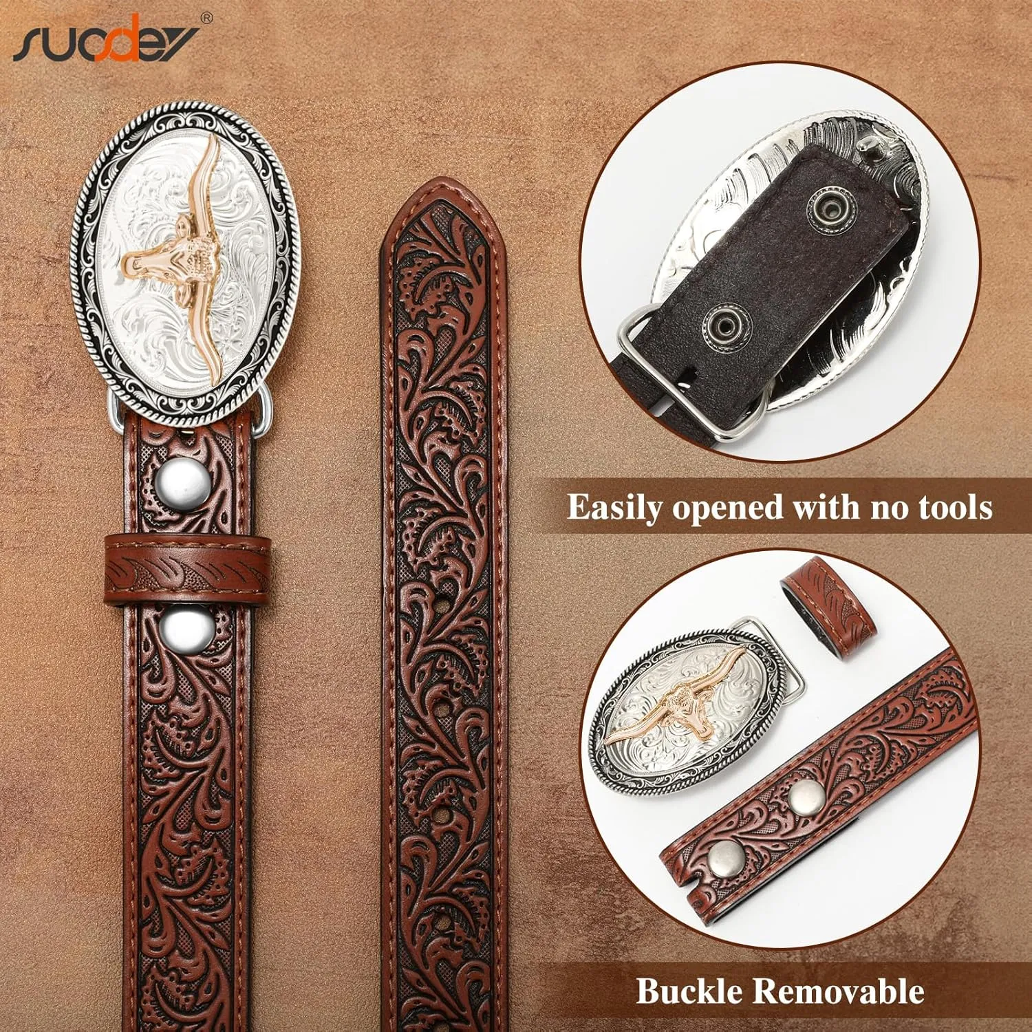 SUOSDEY Kids Western Belt for Boys Girls,Toddler Youth Cowboy Cowgirl Genuine Leather Belt with Longhorn Bull Buckle