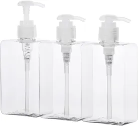 Suream Refillable Shampoo and Conditioner Bottles, 9.5oz/280ml Clear Plastic Pump Dispensers for Shower, Square Empty Bathroom Bottle for Body Wash, Essential Oil, Soap Liquid, Lotion, 3Pack