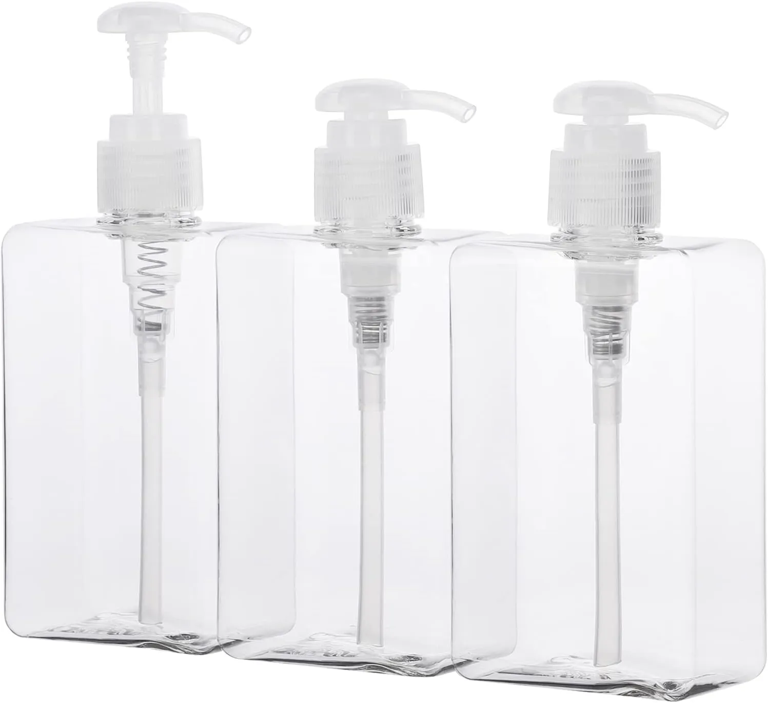 Suream Refillable Shampoo and Conditioner Bottles, 9.5oz/280ml Clear Plastic Pump Dispensers for Shower, Square Empty Bathroom Bottle for Body Wash, Essential Oil, Soap Liquid, Lotion, 3Pack