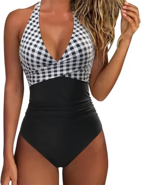 SUUKSESS Women Sexy Tummy Control One Piece Swimsuits Halter Push Up Bathing Suits