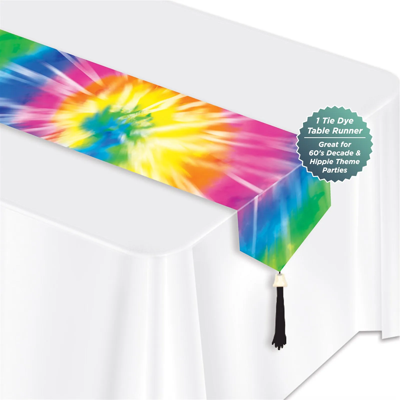 Tie Dye Table Runner - Party Decoration for 60's Decade and Hippie Theme Parties, 6 Ft Long