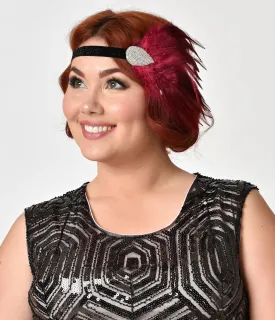 Unique Vintage Burgundy Feather & Silver Beaded Black Flapper Headband