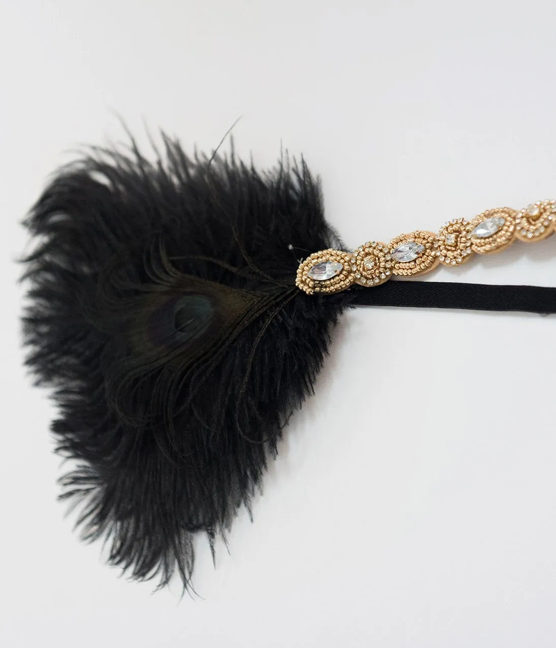 Unique Vintage Gold Beaded & Black Peacock Feather Flapper Headband