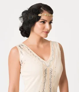 Unique Vintage Gold Beaded & Black Peacock Feather Flapper Headband