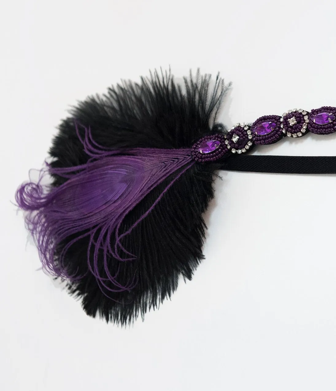 Unique Vintage Purple Beaded Peacock Feather Flapper Headband
