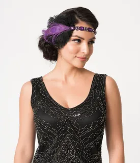Unique Vintage Purple Beaded Peacock Feather Flapper Headband