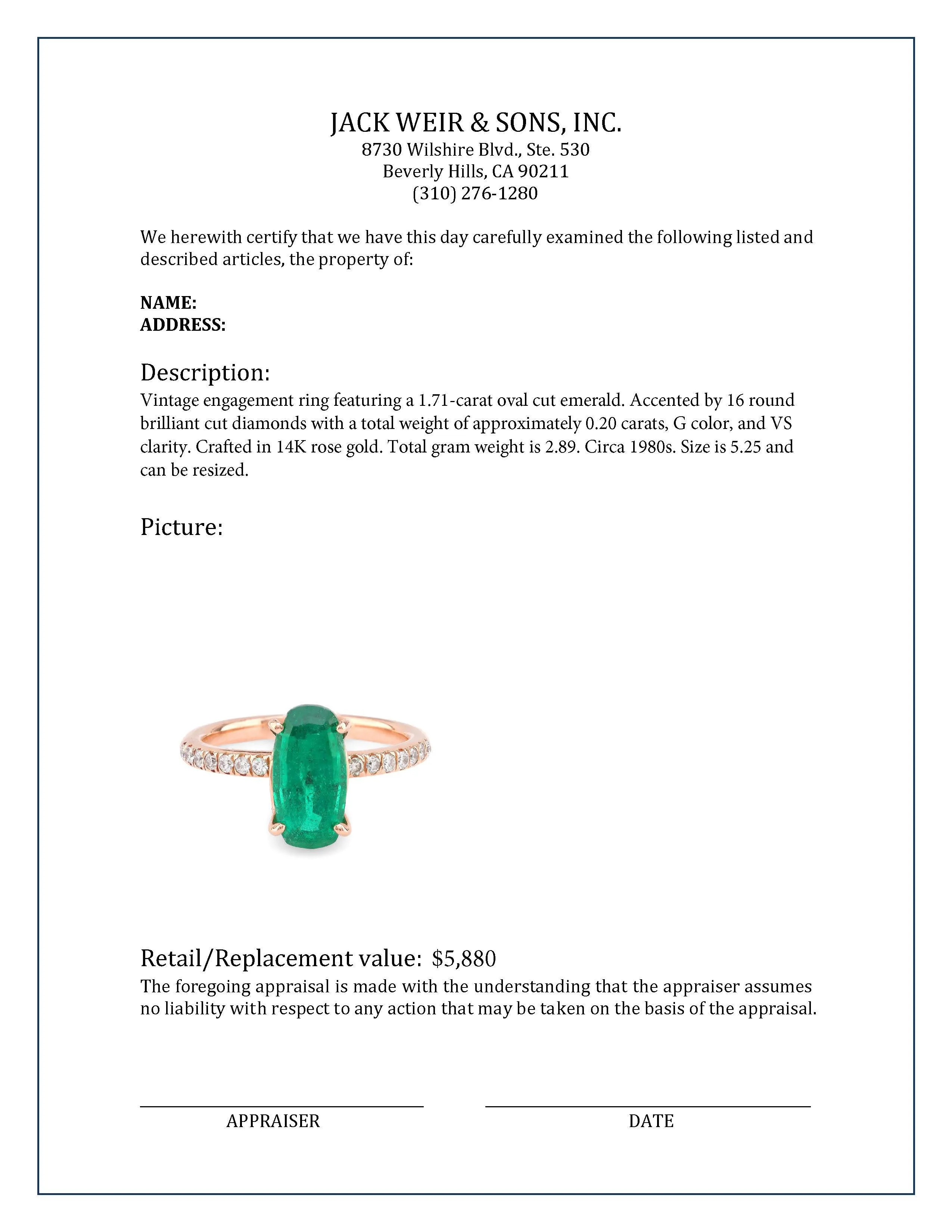 Vintage 1.71 Carat Oval Cut Emerald Diamond 14K Rose Gold Engagement Ring