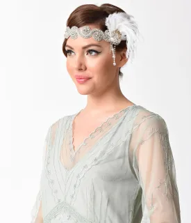 Vintage Style Silver Rhinestone Swirl & White Feather Headband