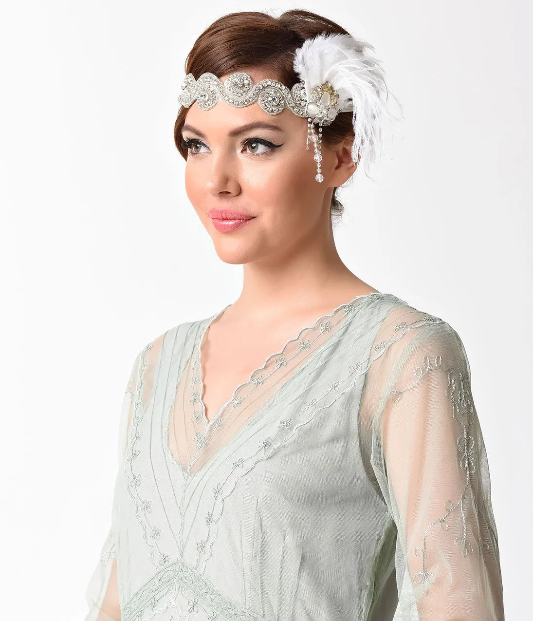 Vintage Style Silver Rhinestone Swirl & White Feather Headband