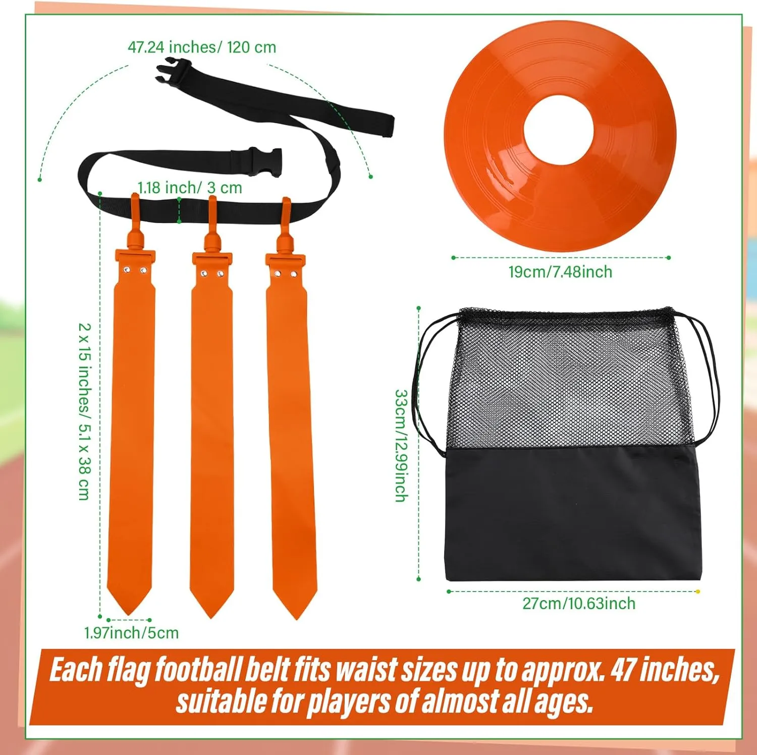 Wettarn 16 Player Flag Football Belts Adjustable Football Set with 48 Flags 16 Cones and 1 Bag for Youth Adults Kids Training