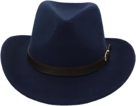 Women Men Western Cowboy Hat Wool Felt Wide Brim Fedora Hats with Belt Buckle Party Trilby Hat
